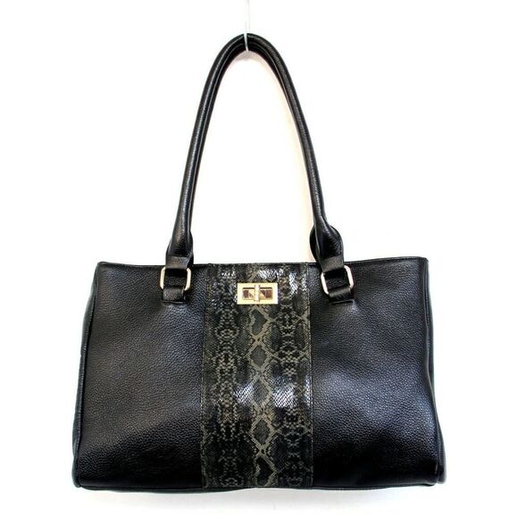 LRG ERICA ANENBERG BLACK GENUINE LEATHER TURN LOCK SATCHEL SHOULDER BAG HANDBAG - Picture 2 of 12